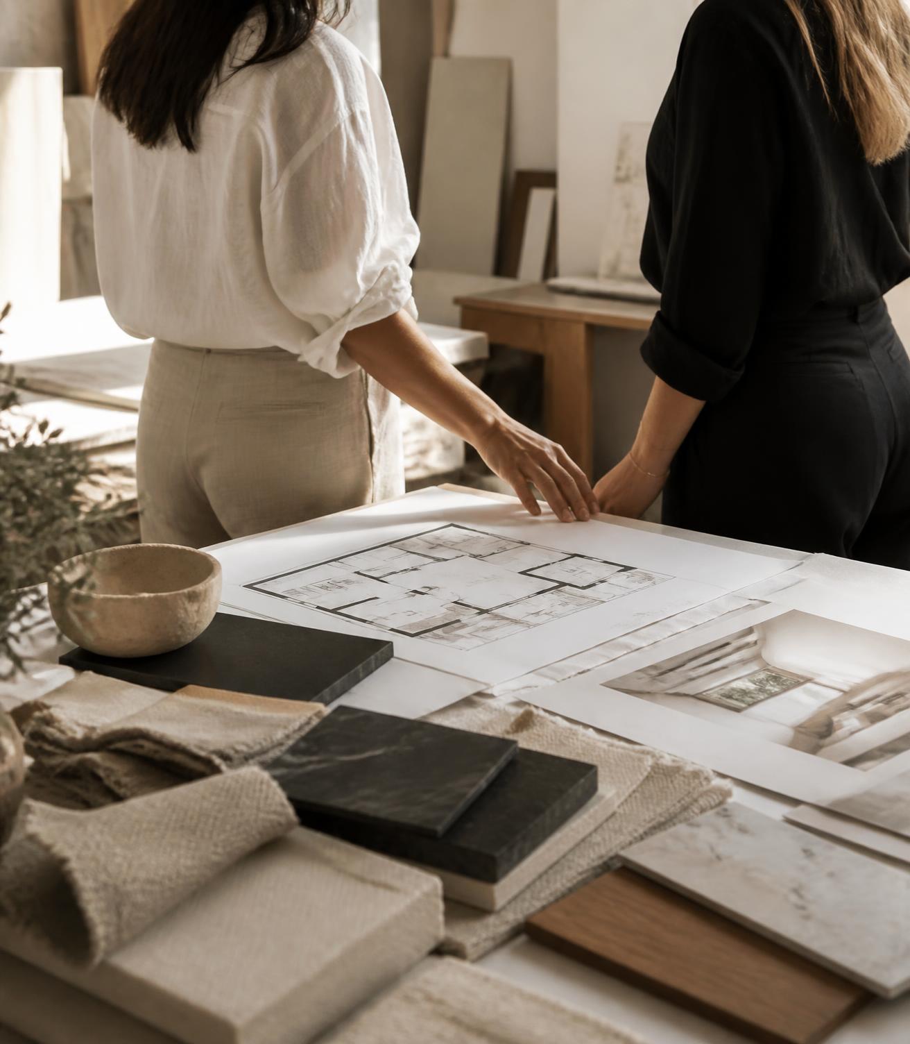 Due professioniste al lavoro su planimetrie e campioni di materiali in uno studio luminoso