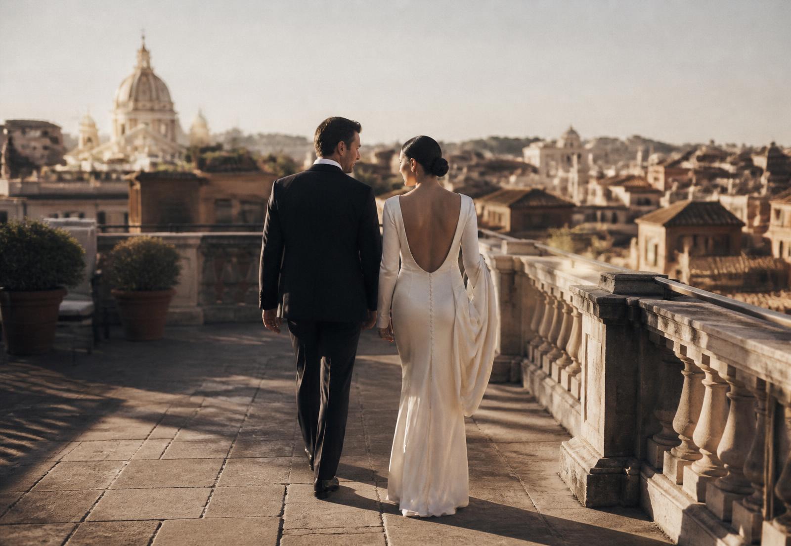 Coppia di sposi cammina su una terrazza affacciata sui tetti di Roma alla luce del tramonto