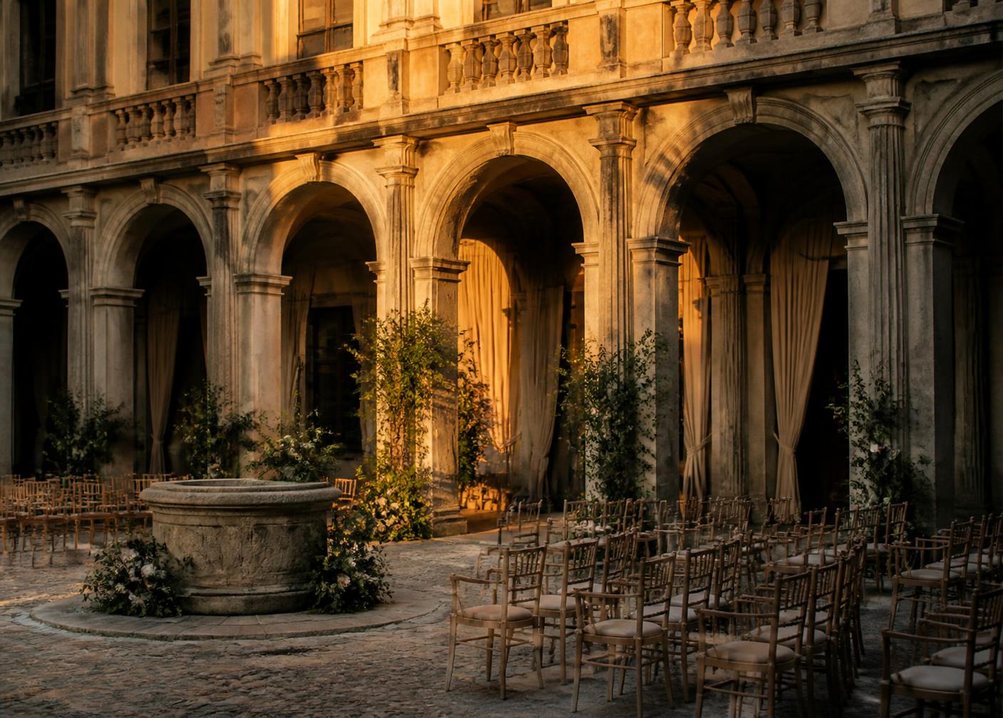 Cortile romano con archi in pietra allestito per una cerimonia alla luce dorata